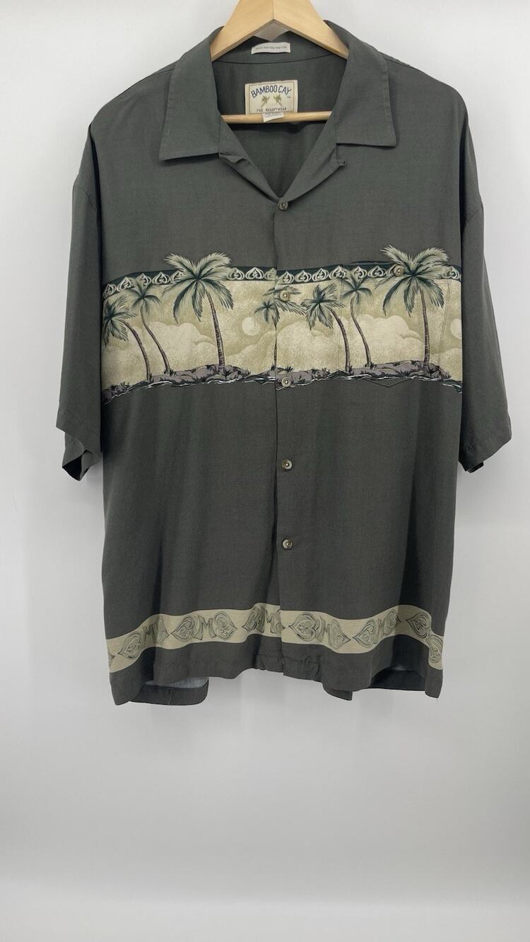Bamboo Cay Hawaiian Shirt XXL Rayon Palm Tree Camp Resort Gray Aloha Korea